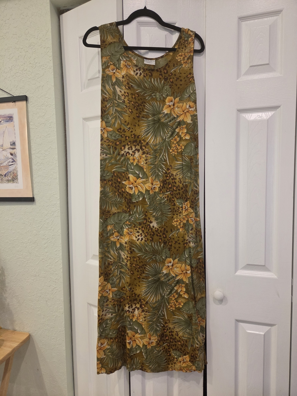 Vintage 90s Style Studio Green & Yellow Tropical Floral Maxi Dress